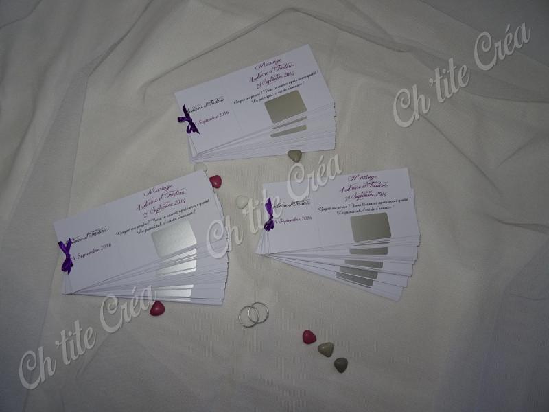 Tickets tombola à gratter détachables, avec prénoms et date du mariage, mariage blanc violet, argent