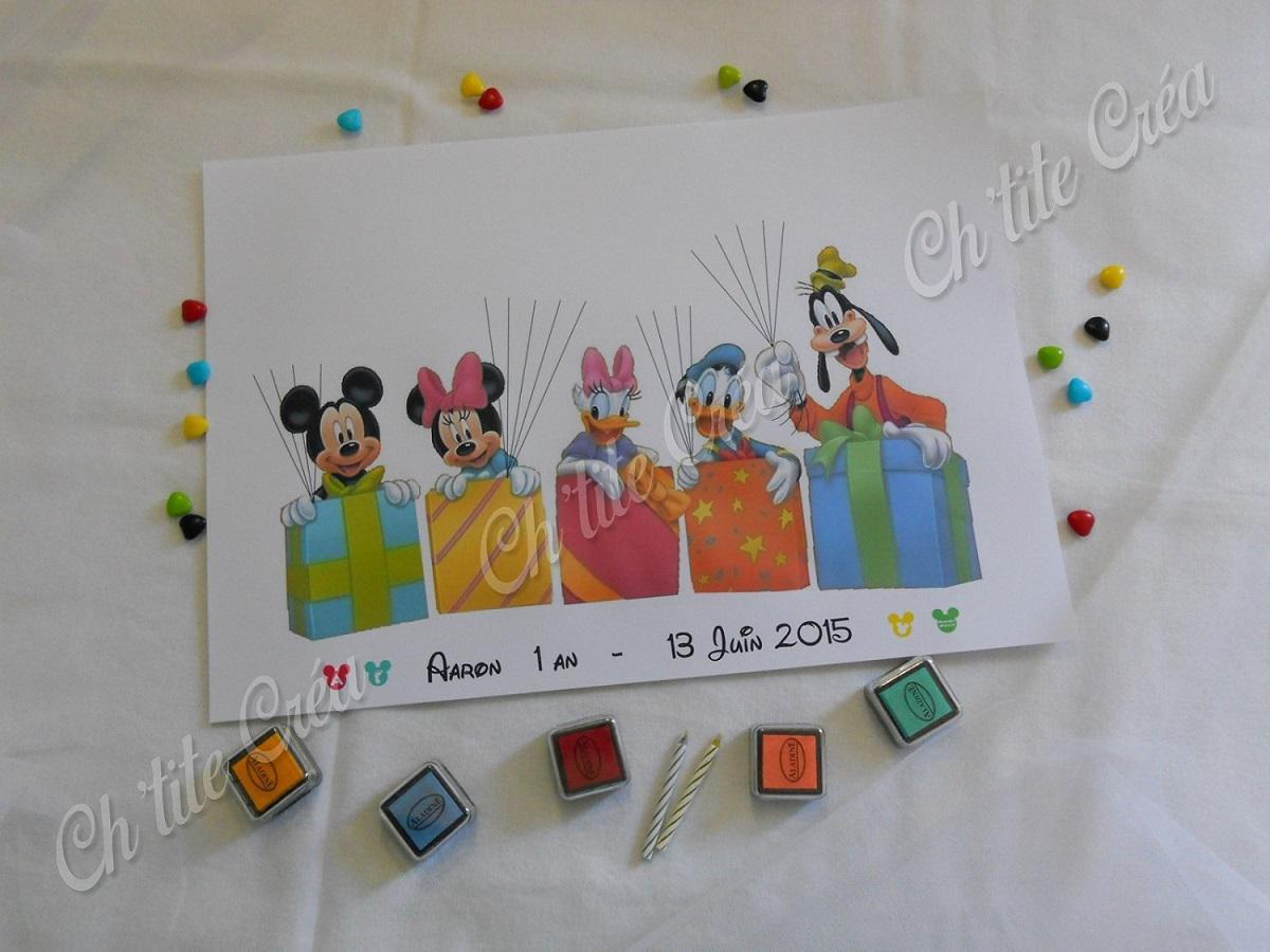 Arbre à empreintes, anniversaire Mickey, personnalisé à la date et prénom de l'enfant, multicolore