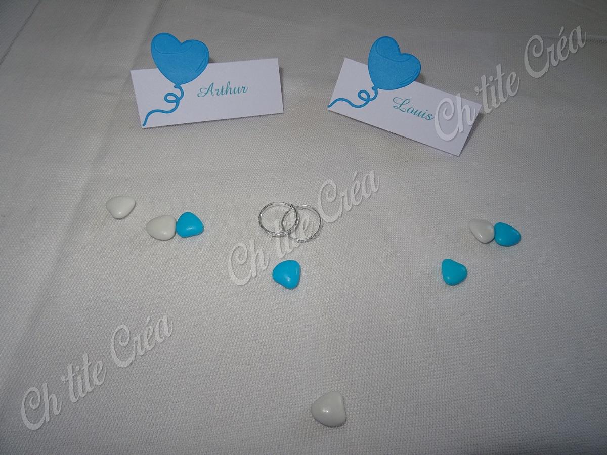 Marque place enfant cartonnette avec ballon coeur, mariage 4 éléments, blanc et turquoise