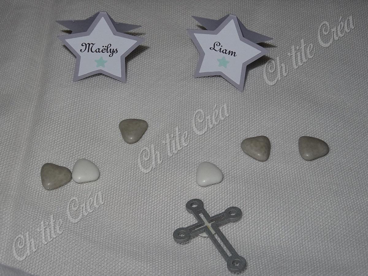 Marque place baptême étoile, double étoile à poser pour les enfants, gris clair blanc et vert amande