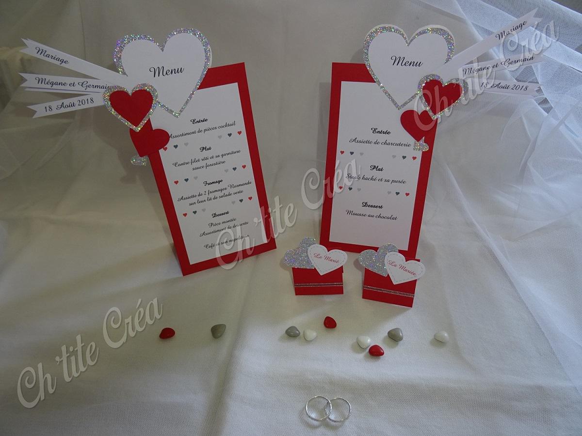 Marque place et menu mariage coeur rouge et paillettes, cartonnette à poser, blanc rouge et pailleté argent