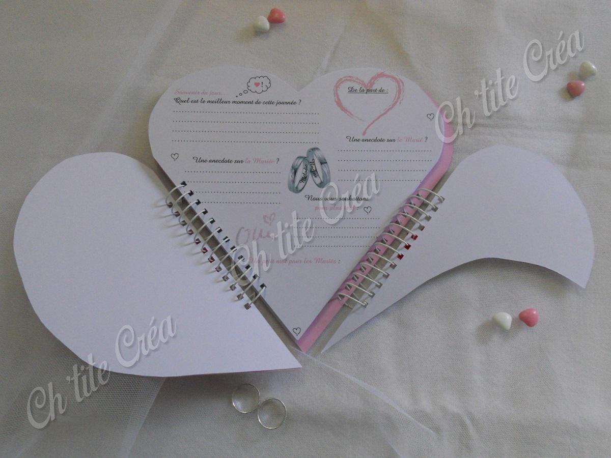 Livre d'or coeur à spirales, double ouverture, mariage coeur et dentelle, page imprimée avec petit questionnaire pour les invités, blanc rose clair
