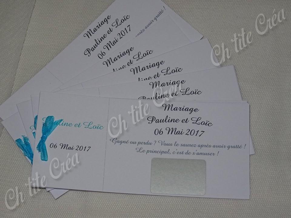 Tickets tombola à gratter, mariage 4 éléments, tickets en carnet, blanc et turquoise