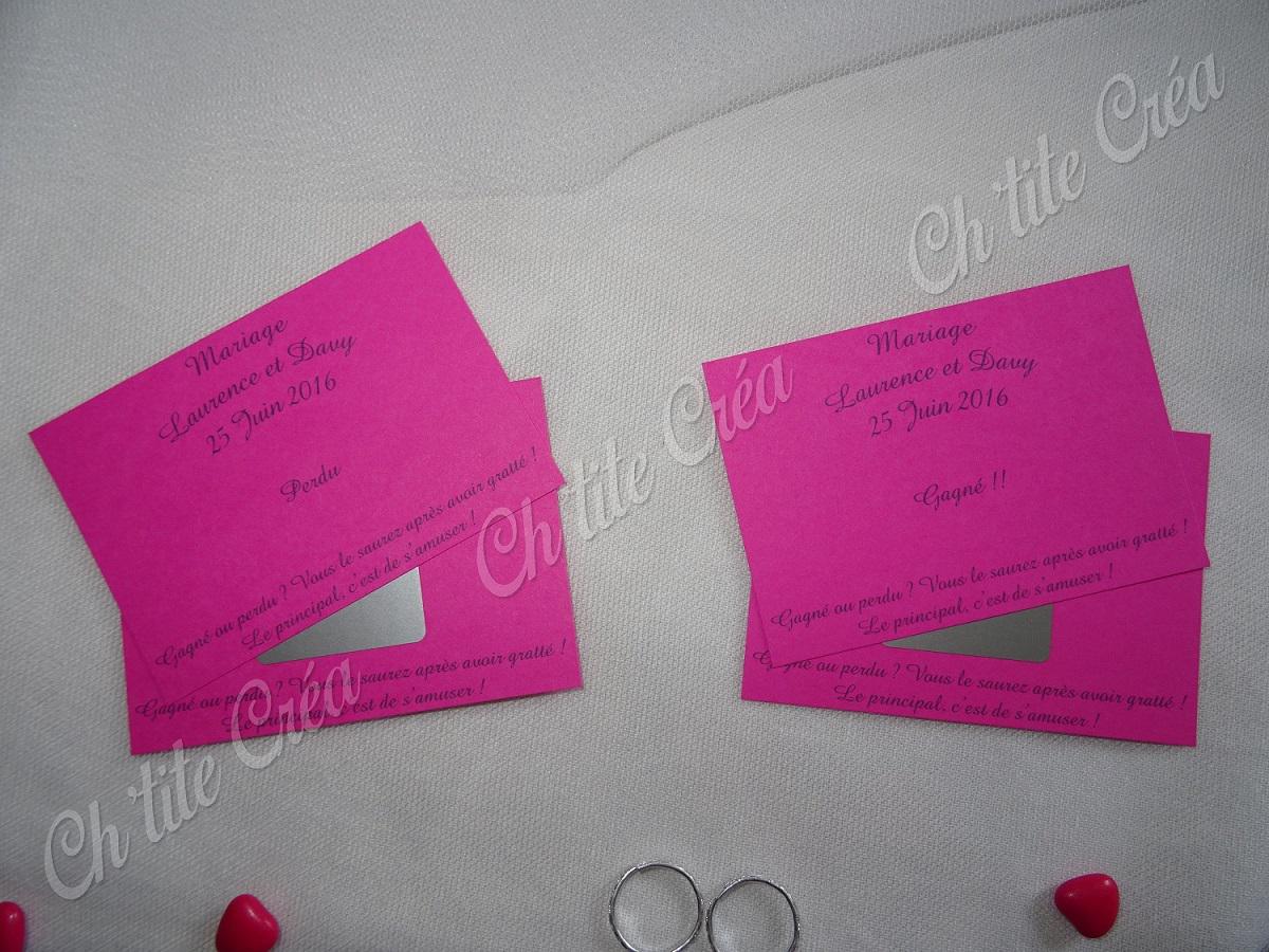 Tickets tombola à gratter, mariage oui cupidon et plume, tickets individuels, rose fushia et argent