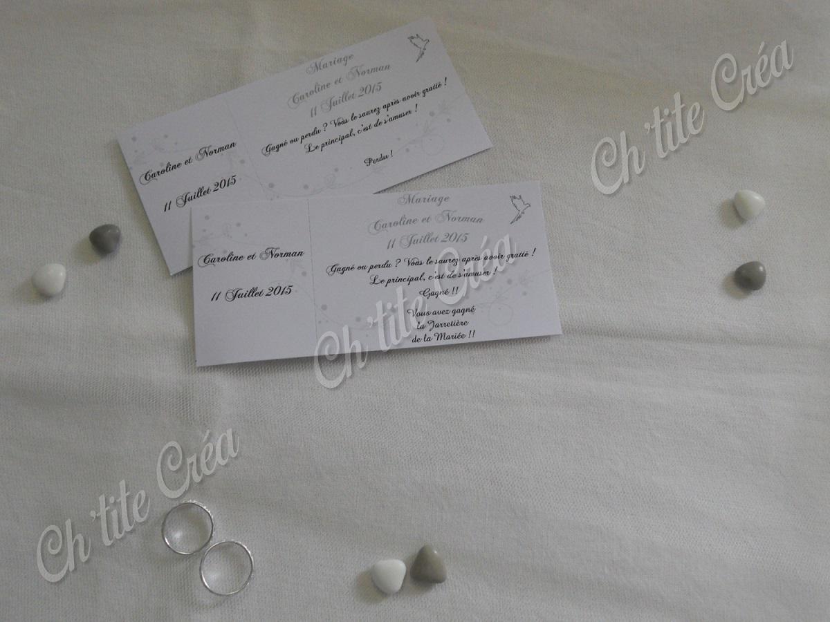 Tickets tombola à gratter, mariage oiseau, décor similaire au faire part, tickets en carnet, blanc et gris