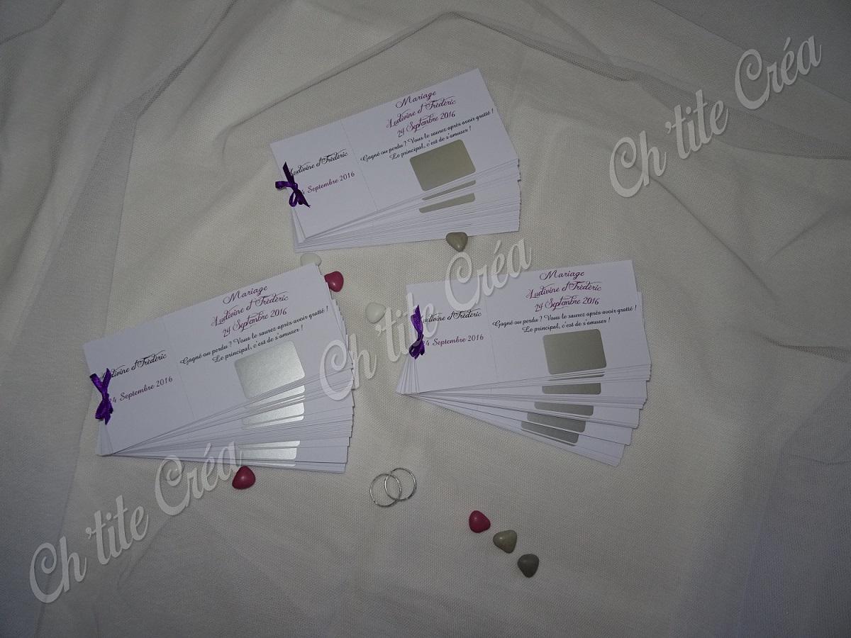 Tickets tombola à gratter, mariage oui pochette, tickets en carnet, blanc violet et argent