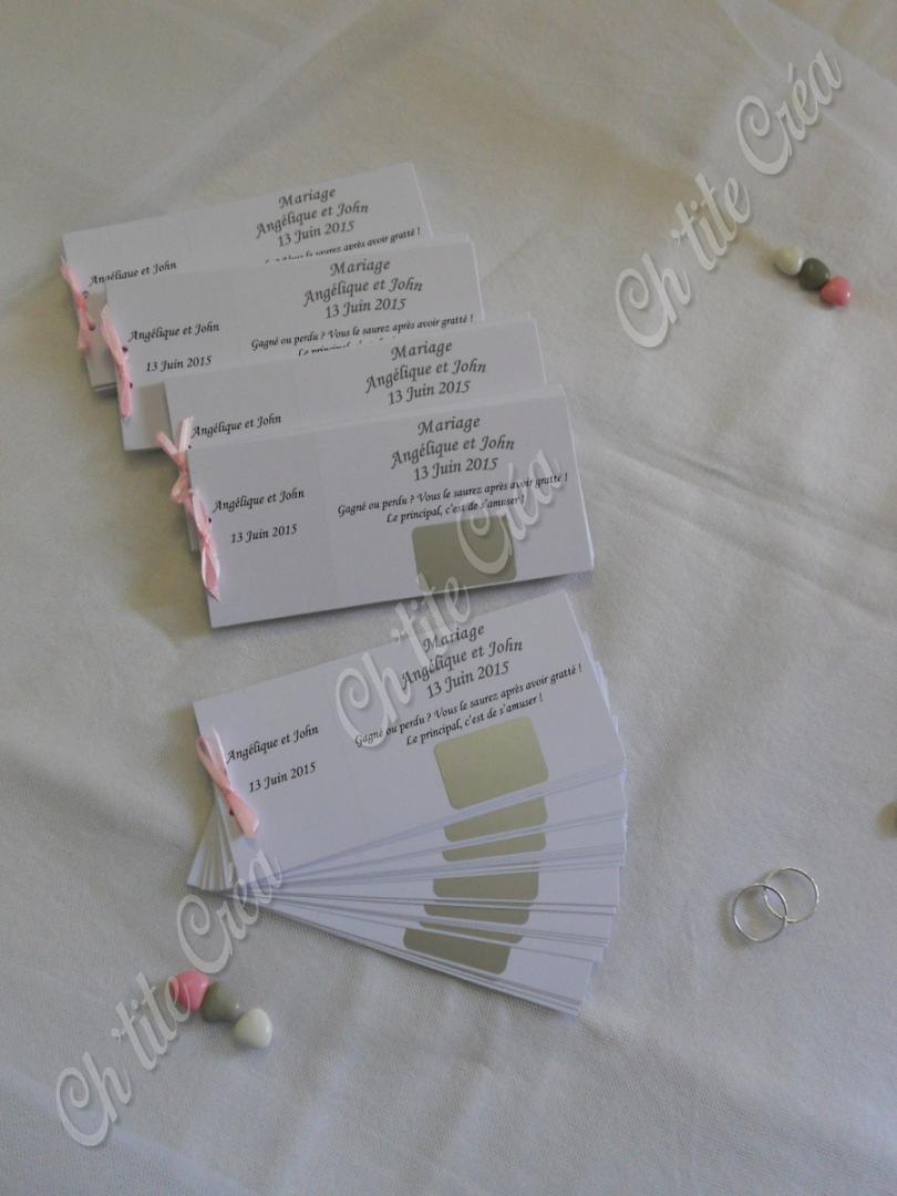 Tickets tombola à gratter, mariage orchidée, tickets en carnet, blanc rose clair et gris