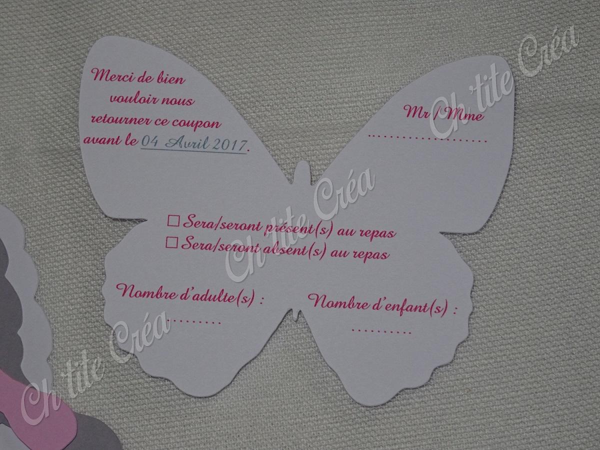 Faire part baptême triple papillon avec coupon réponse en forme de papillon, blanc rose clair gris et rose fushia