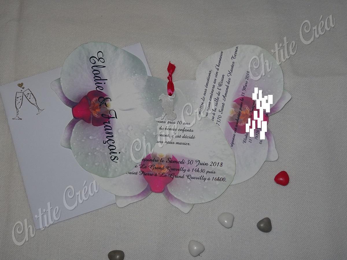 Faire part mariage orchidée, en forme de triple orchidée, pour les invités au vin d'honneur, blanc argent et rose fushia