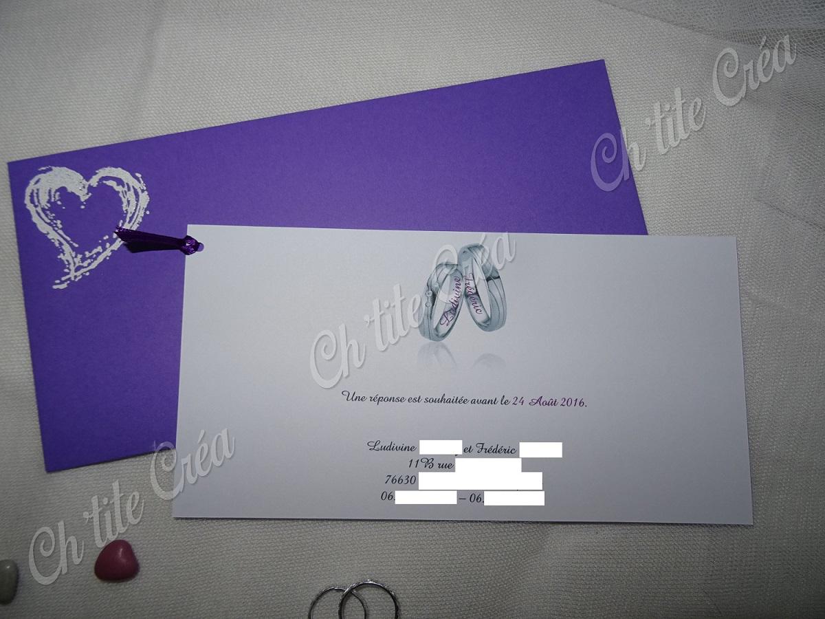 Faire part mariage oui pochette, version pour les invités au vin d'honneur, blanc violet et gris