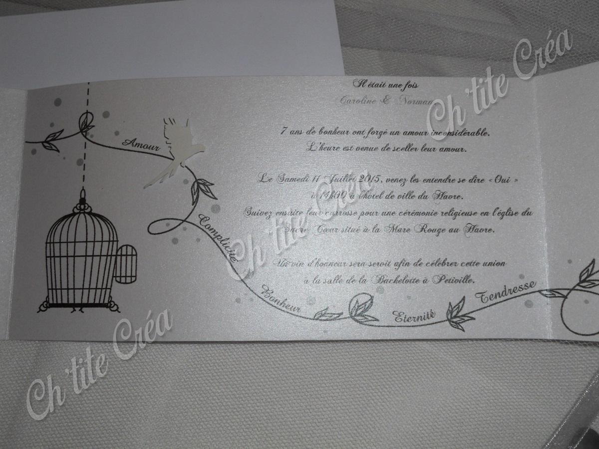 Faire part mariage oiseau, coupon invitation en forme de cage à oiseau, blanc irisé et gris