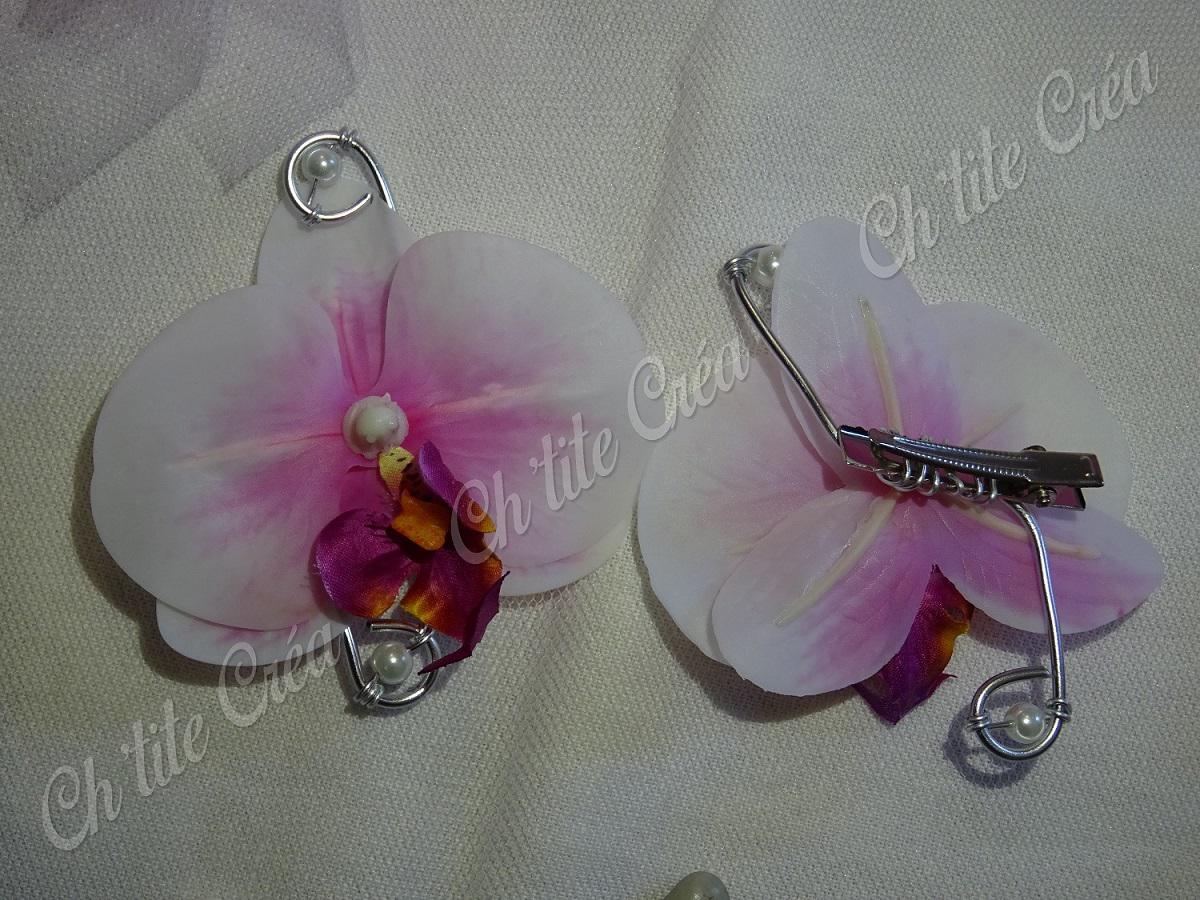 Boutonnière et pince à cheveux, mariage orchidée pochette carrée, avec orchidée artificielle sur épingle à nourrice pour les boutonnières et sur pince pour les pinces à cheveux
