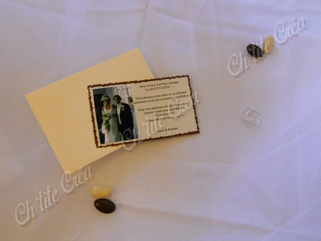 Remerciements rectangulaires, papier cartonné avec photo, ivoire et chocolat