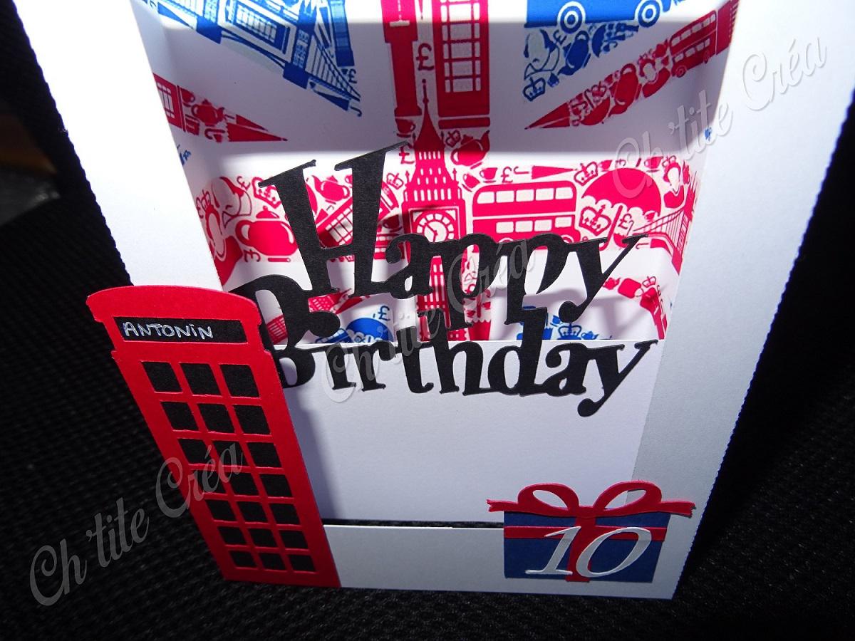 Carte box anniversaire angeleterre avec le prénom de l'enfant sur la cabine téléphonique, ronde des chiffres