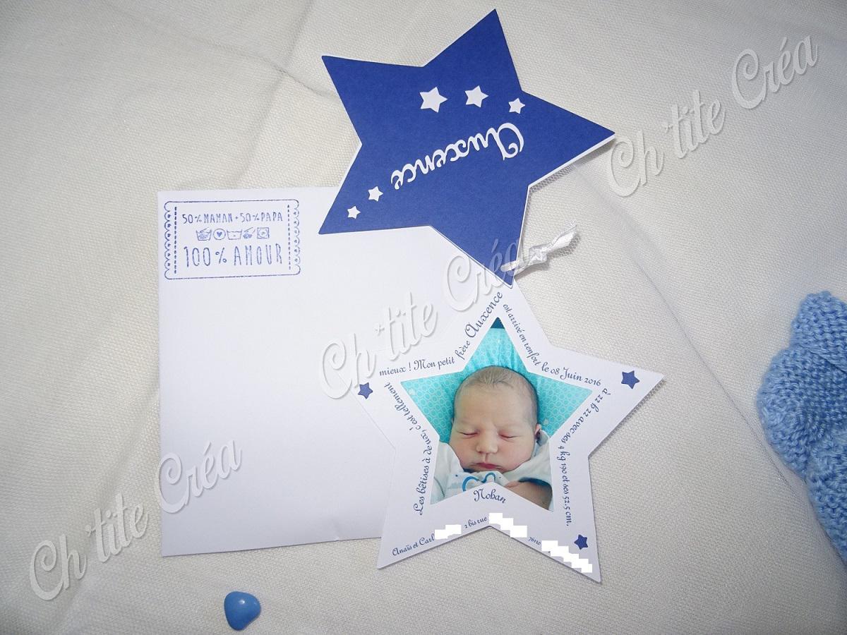 Faire part naissance étoile, le prénom est découpé, texte autour de la photo en forme d'étoile, blanc bleu marine