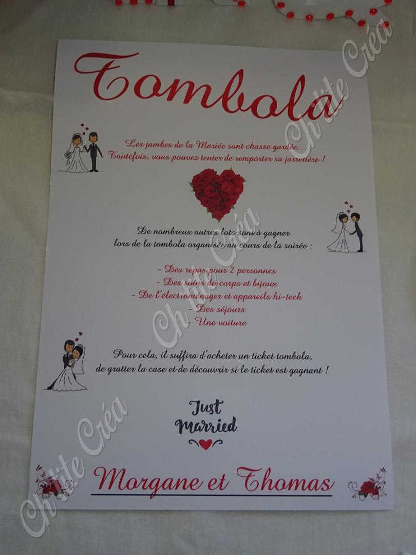 Affiche pour les tickets tombola à gratter, mariage coeur et roses, blanc et rouge