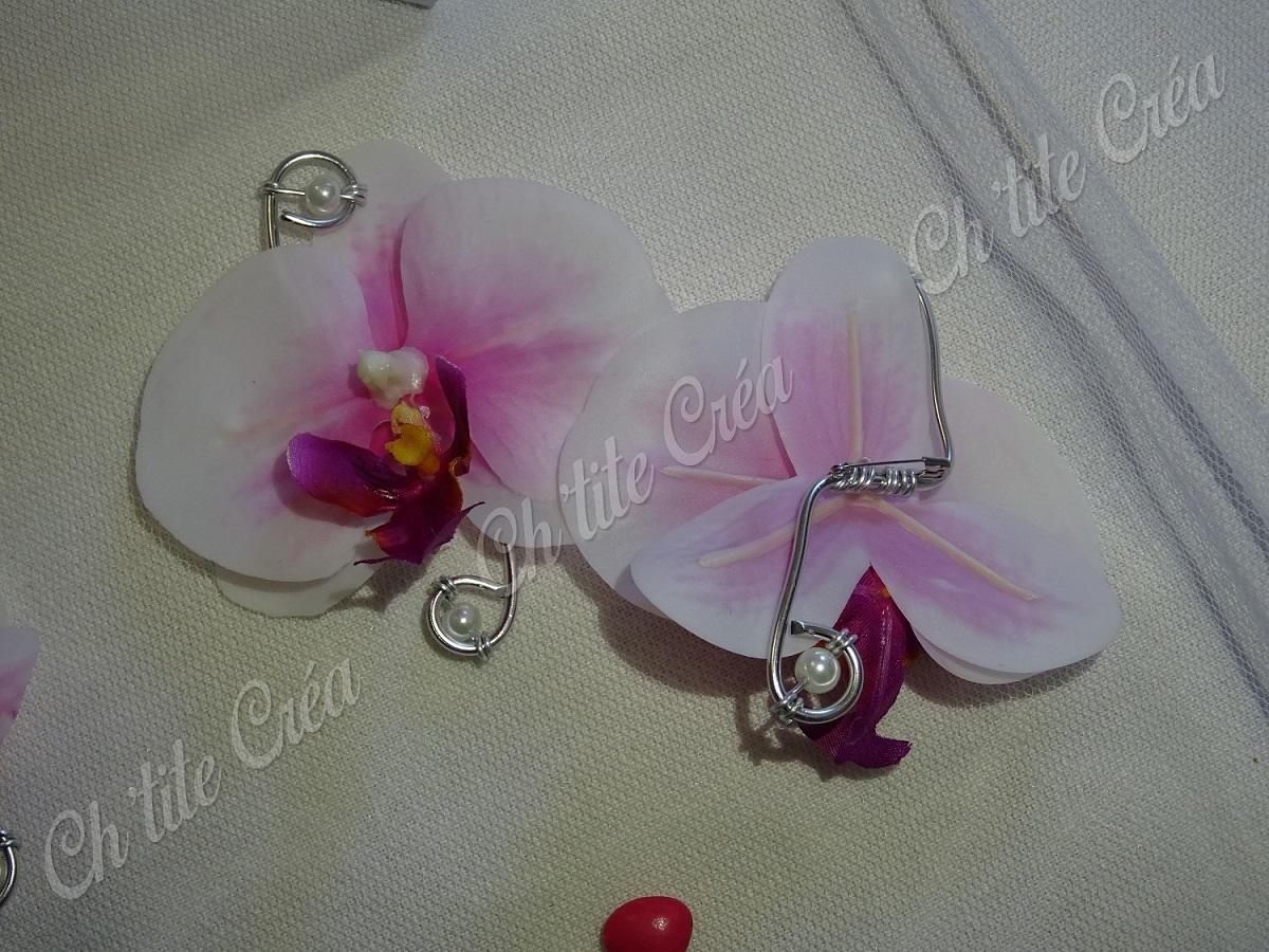 outonnière et pince à cheveux, mariage orchidée pochette carrée, avec orchidée artificielle sur épingle à nourrice pour les boutonnières et sur pince pour les pinces à cheveux