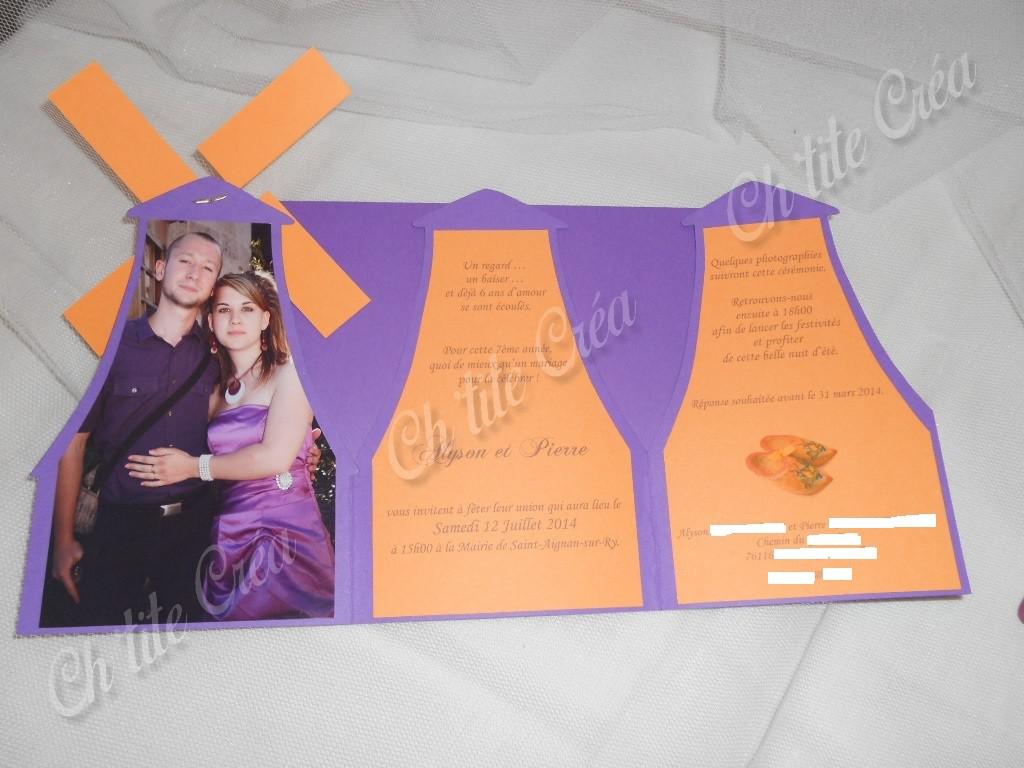 Faire part mariage moulin hollandais avec les ailes qui tournent, coupon d'information, violet orange et doré