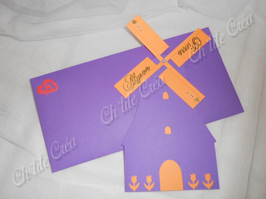 Faire part mariage moulin hollandais avec les ailes qui tournent, coupon d'information, violet orange et doré