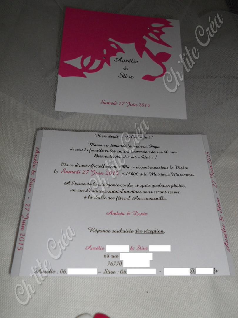 Faire part mariage feuillage sous 2 formes : une version ronde pour les invités au vin d'honneur et une version carrée en guise de pochette pour boite de CD, sur lequel les mariés ont fait une vidéo pour leurs invités au repas, blanc et rose fushia