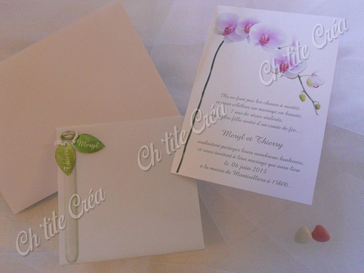 Faire part branche d'orchidées, pochette calque avec tube et feuilles, blanc irisé vert et rose