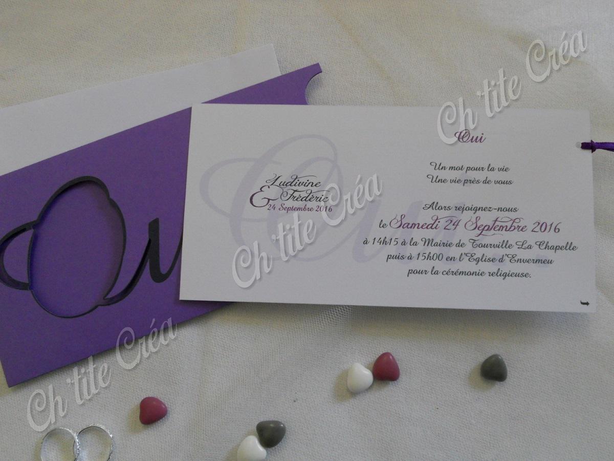 Faire part mariage oui pochette, version pour les invités au repas, blanc violet et gris
