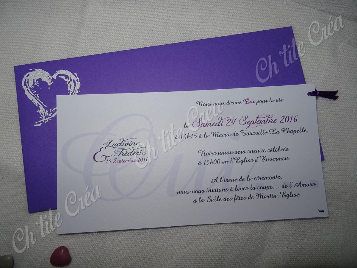 Faire part mariage oui pochette, version pour les invités au vin d'honneur, blanc violet et gris