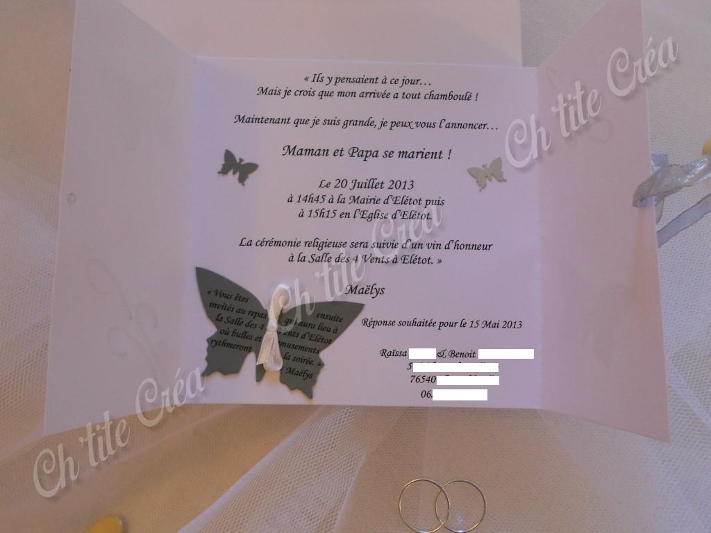 Faire part mariage papillons arabesques et perles de pluie, coupon invitation au repas en forme de papillon, blanc gris argent