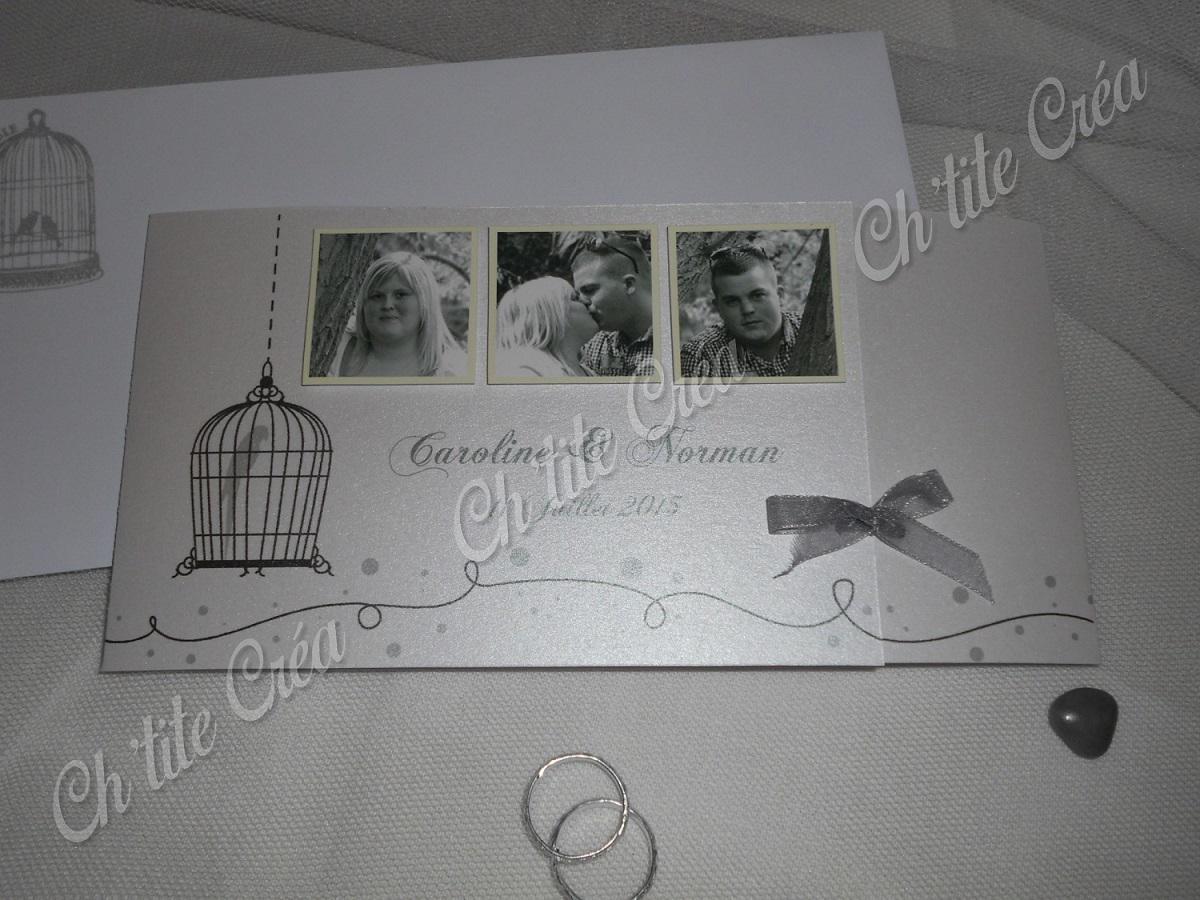 Faire part mariage oiseau, coupon invitation en forme de cage à oiseau, blanc irisé et gris