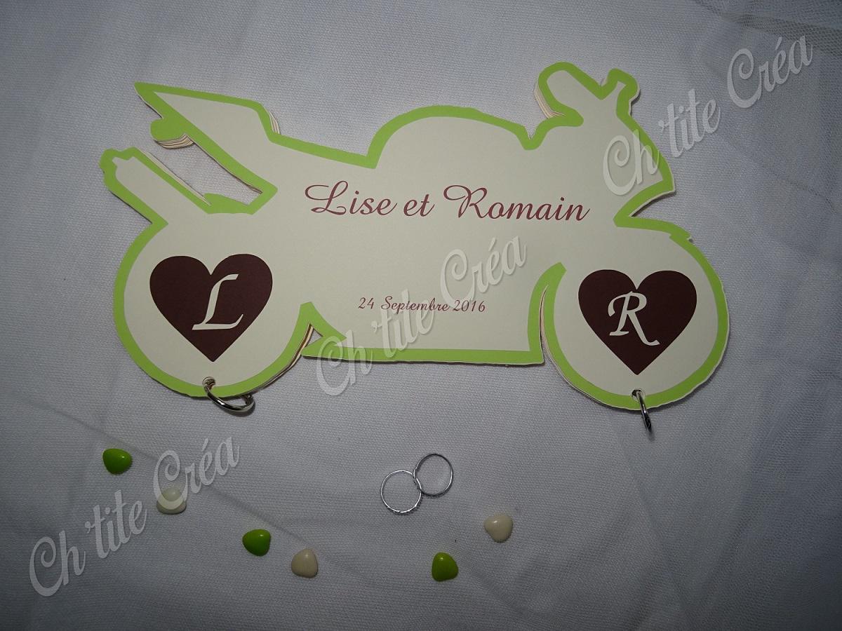 Livre d'or à anneaux en forme de moto, mariage moto, ivoire chocolat et vert anis