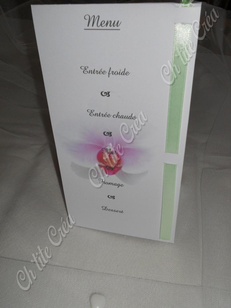 Menu cartonné, mariage orchidée, recto/verso, blanc vert et rose