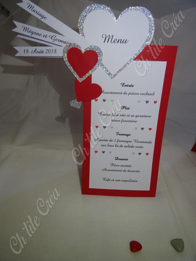 Menu carton vertical, mariage coeur rouge et argent, recto/verso, enfants ou adultes, rouge blanc argent pailleté