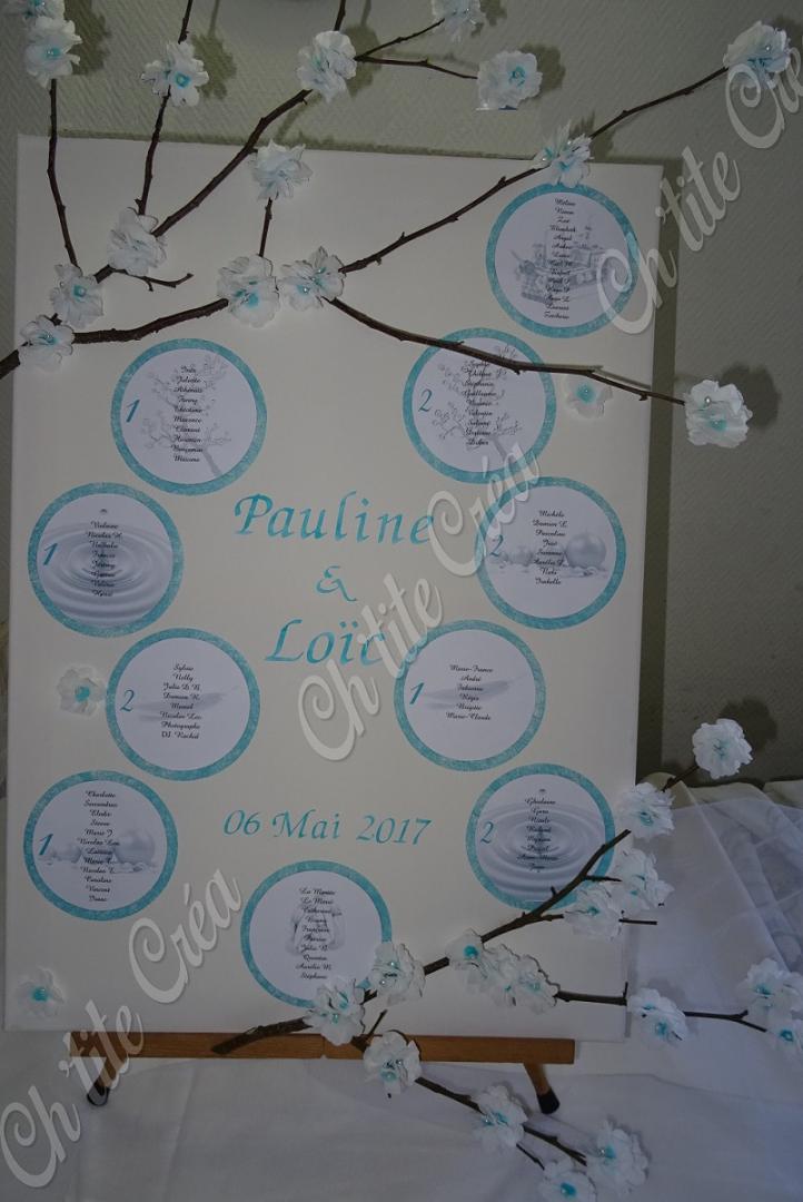 Plan de table toile, mariage 4 éléments, branches de cerisier japonais, fleurs faites main avec étamines, tables avec motif de l'élement concerné