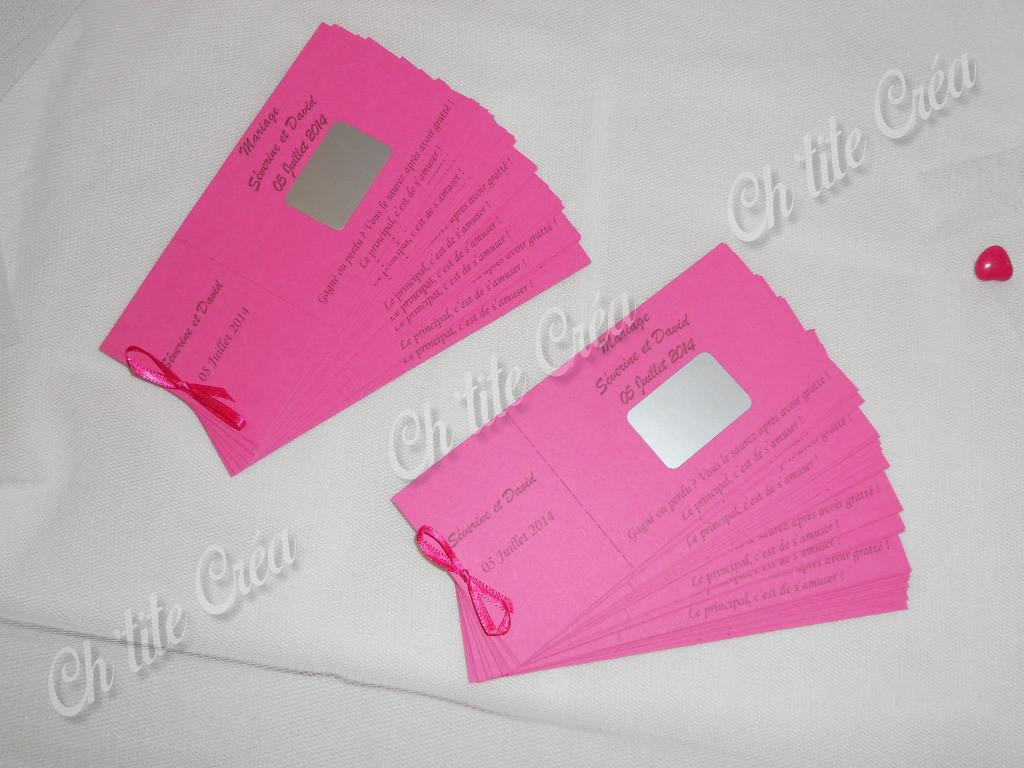 Tickets tombola à gratter, tickets en carnet, rose fushia et gris