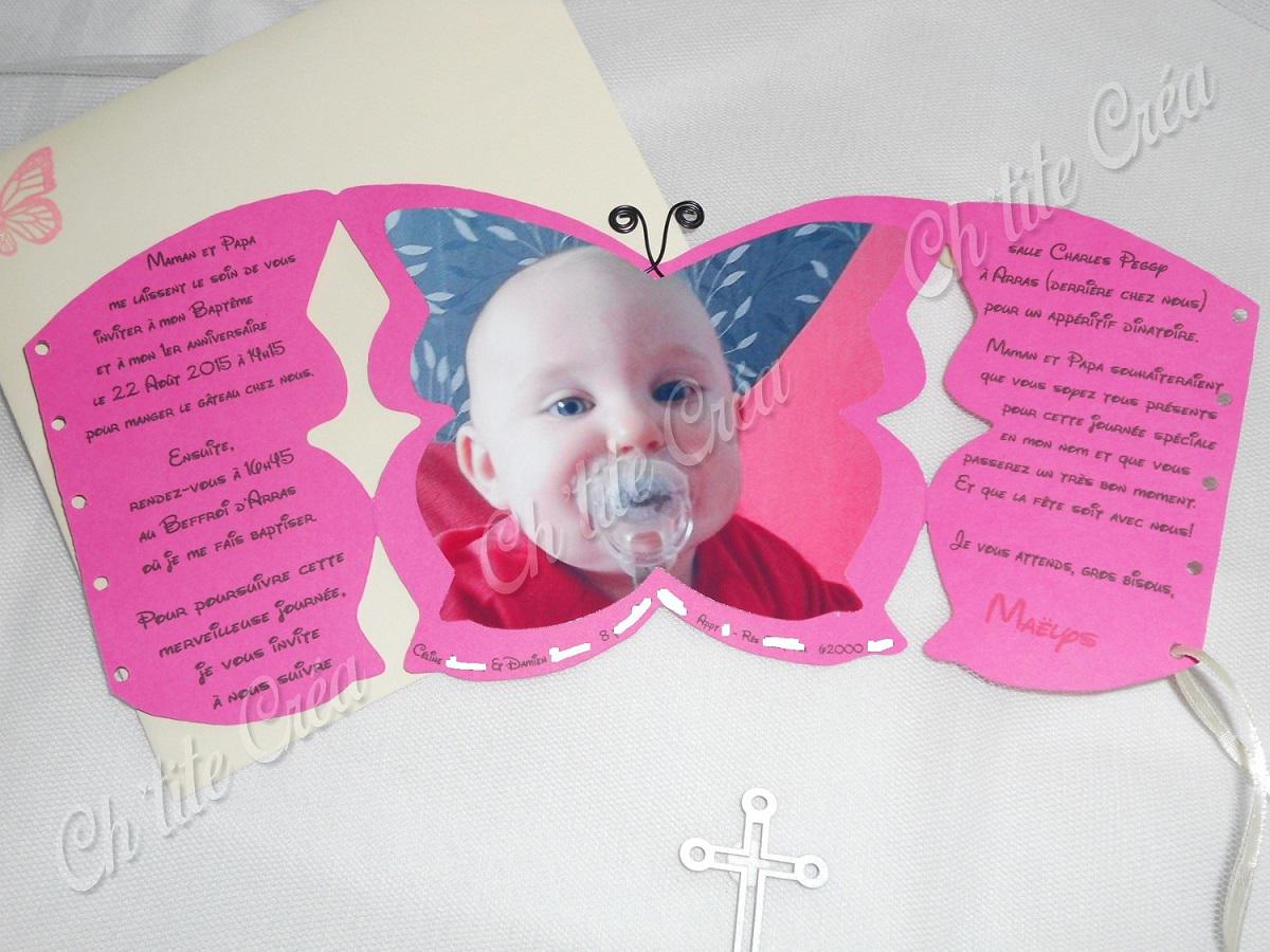 Faire part anniversaire 1 an et baptême papillon avec ruban laçage corset avec photo et texte à l'intérieur, rose fushia et ivoire